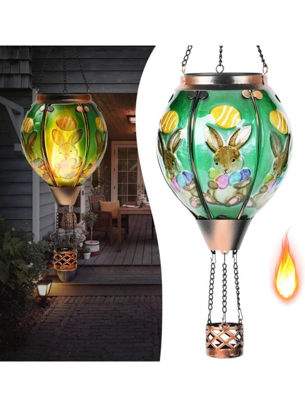 Easter Bunny Stained Glass Solar Lantern - Flickering Flame Outdoor Decor Light